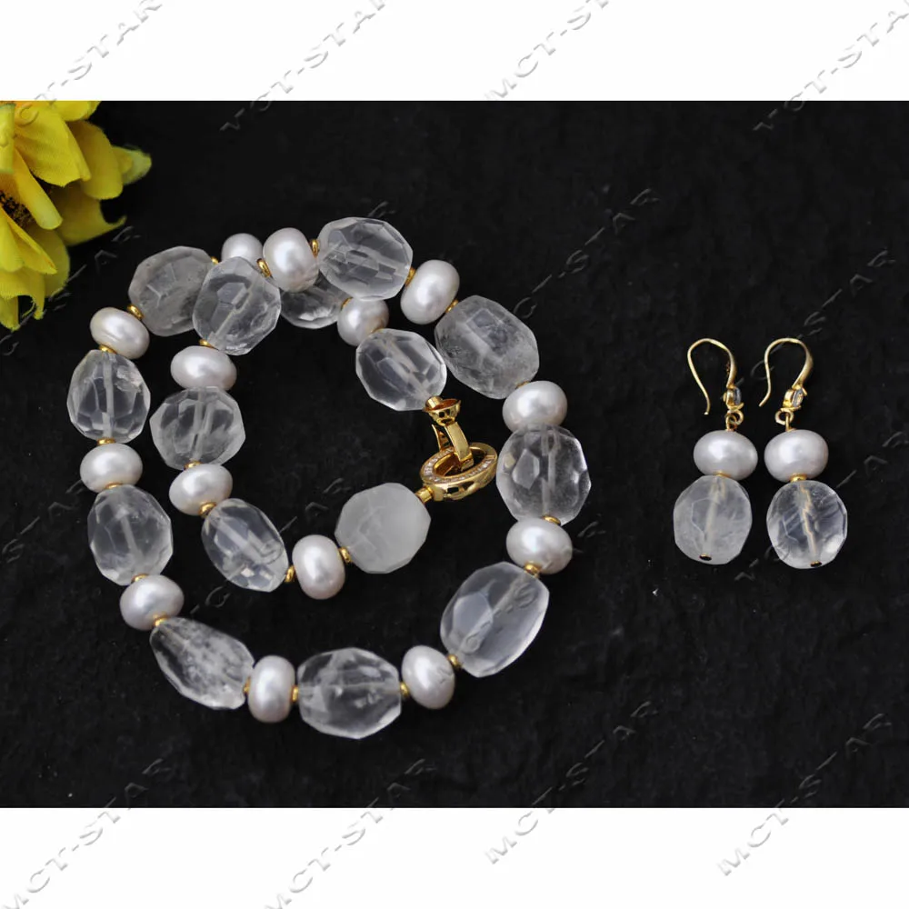 

MCT·STAR Set 17'' 20mm Natural Clean Faceted Crystal White Pearl Rondelle Necklace Earring CZ Custom Jewelry（Z13987）