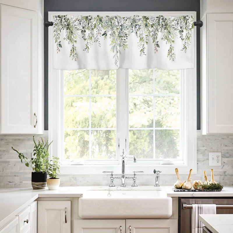 Sage Green Curtain Valance For Windows Watercolor Eucalyptus Leaf Rod Pocket Valance Window Treatments Plant Leaves Easy To Use
