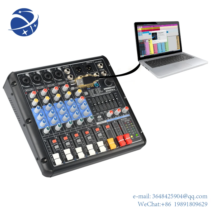 

YYHC 6 Channel Audio Mixer 99 DSP Effect 5.0 Bluetooth 7 Band EQ Mute Solo Mixing Console USB PC Record Play for Party SMR6A