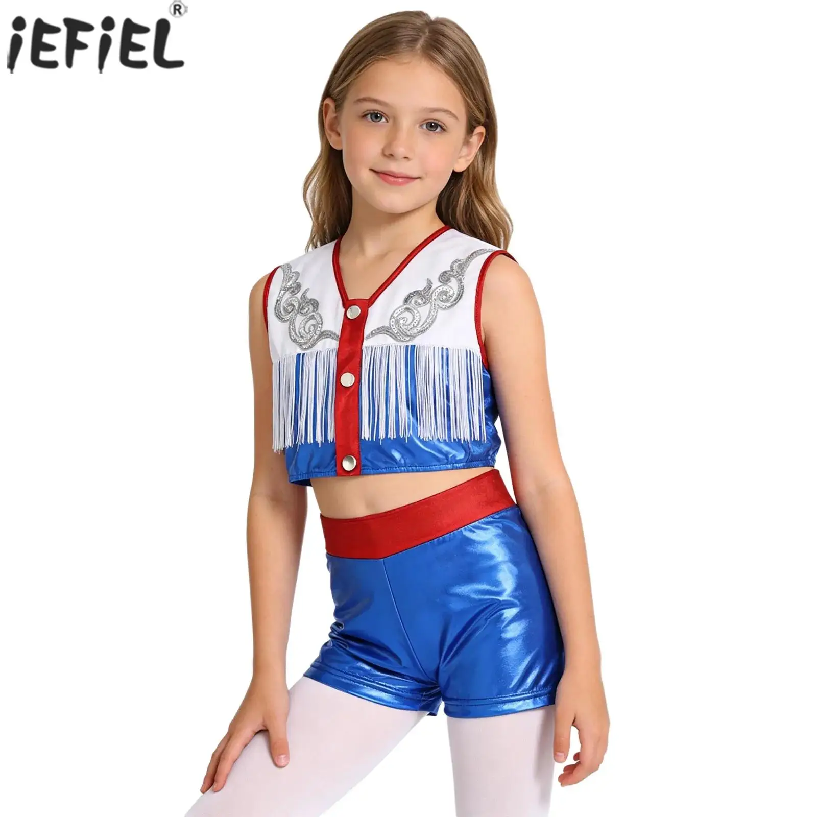 Kids Girls Western Cowgirl Costume Sequins Metallic Sleeveless Fringed Crop Top with Shorts for Carnival Cowboy Cheerleading