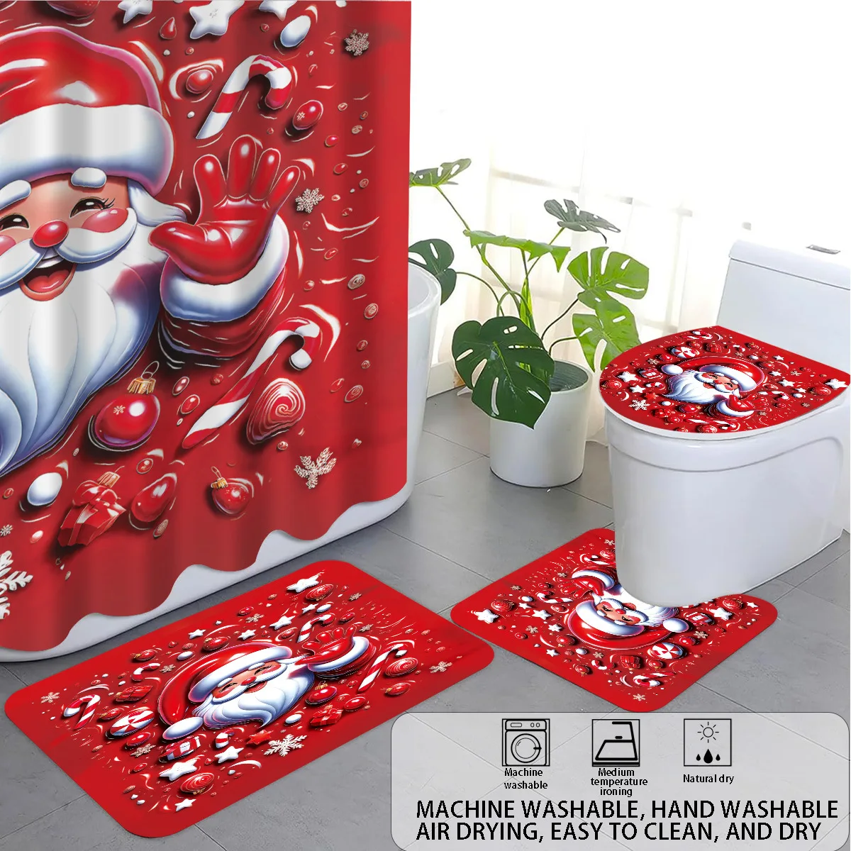Christmas Shower Curtain Red Santa Claus Gingerbread Man Print, Quick-dry Durable Waterproof Bath Curtain for New Year Christmas