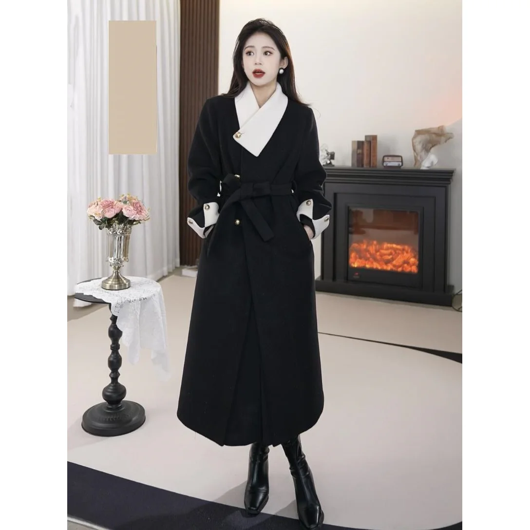 Korean Elegant Woolen Coat Women Long Sleeve Fashion Vintage Jackets Solid Slim Button V Neck New Autumn Winter Coats