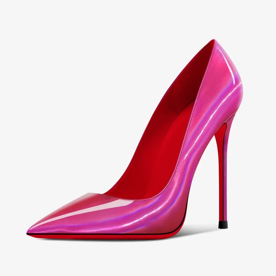 New Laser 12cm Sexy Shallow Mouth Ultra High Heels for Women Thin Heels, Red Pointed, Professional Red Bottom Single Shoes 33-46