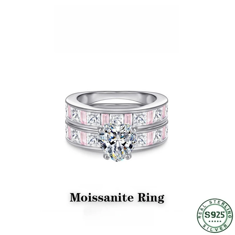 Hot selling fashion s925 pure silver ring set ladies' love moissanite ring 2-piece set stacked pure silver ring, wedding jewelry