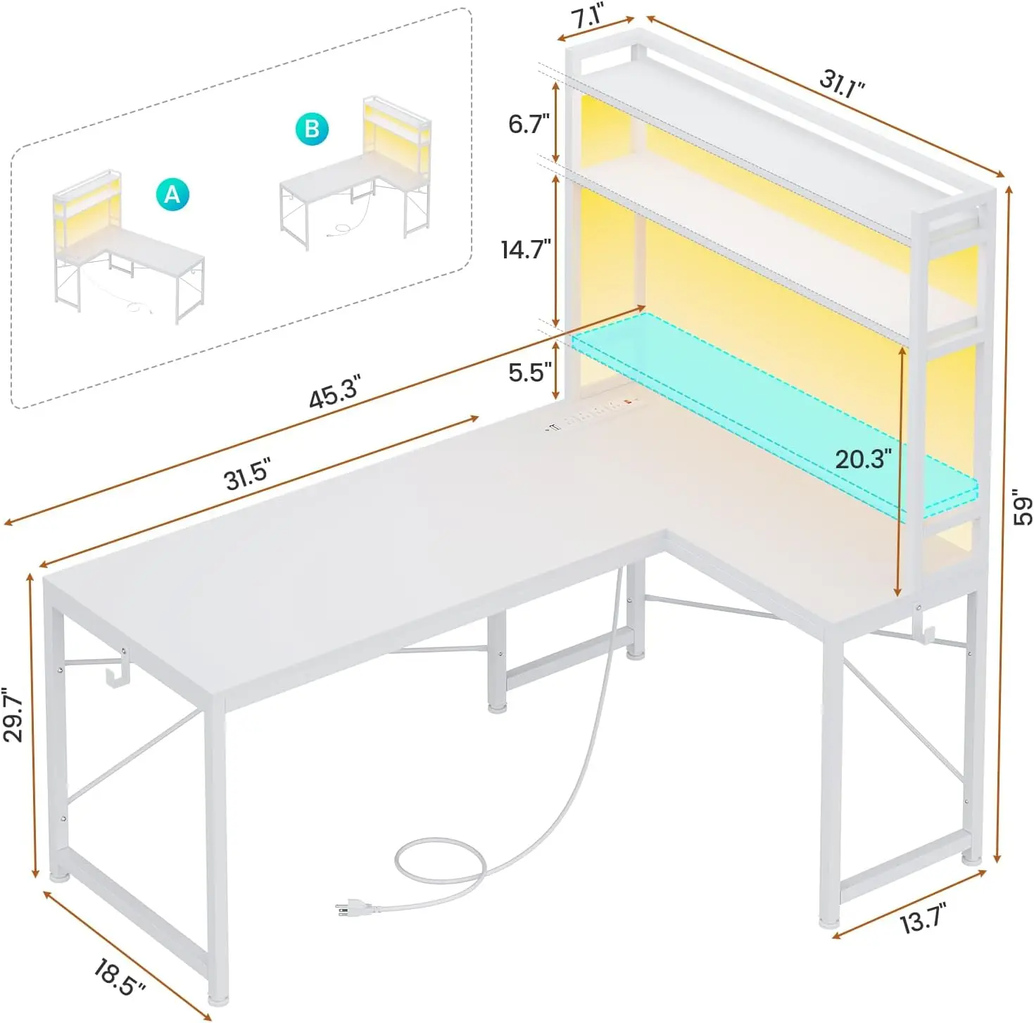 

White Corner Desk, Reversible 45.3” Small Computer Desk with Power Outlet and LED Lights, Corner Computer Desk