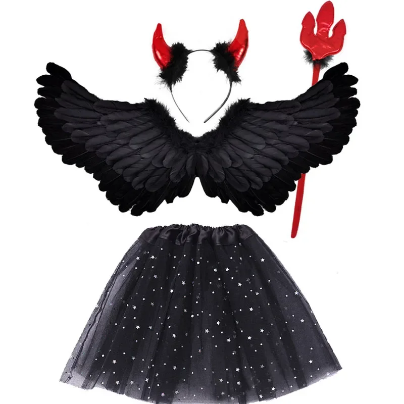 Halloweenowe Cosplay diabelskie kostiumy demoniczne nakrycie głowy czarne anielskie skrzydła spódnica dekoracja na spacer rekwizyty na występy