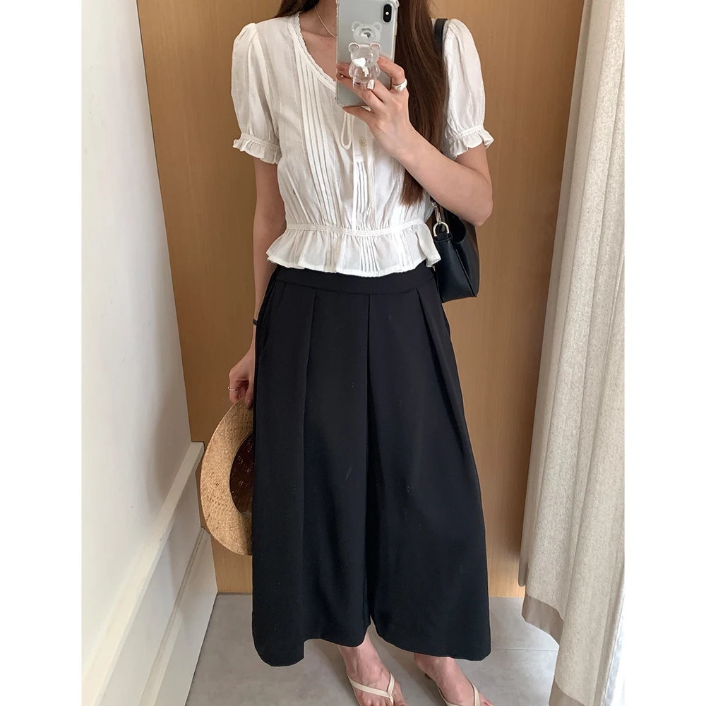 

Elegant Korean Style High Waist Wide Leg Pants Loose Elastic Waist Nine Points Pleated Casual Trousers for Women Summer 2026