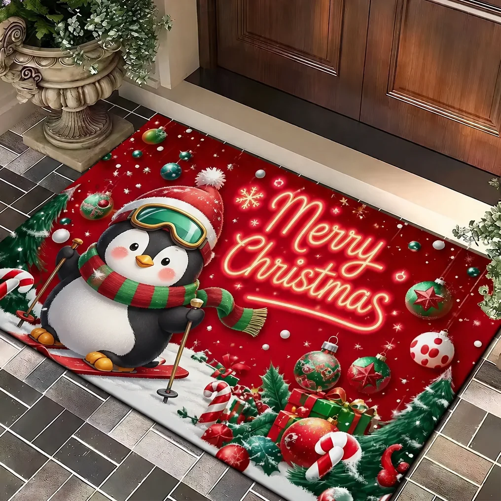 Christmas Snowman Gingerbread Man Entrance Rug Doormat Red Xmas Gift Ball Pattern Mat for Front Door Holiday Decoration