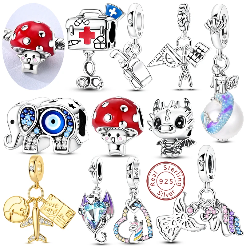 

Charms Original 925 Sterling Silver Love Unicorn Mermaid Pearl Globe Airplane Charm Fit Bracelet Beads Pendant DIY Women Jewelry