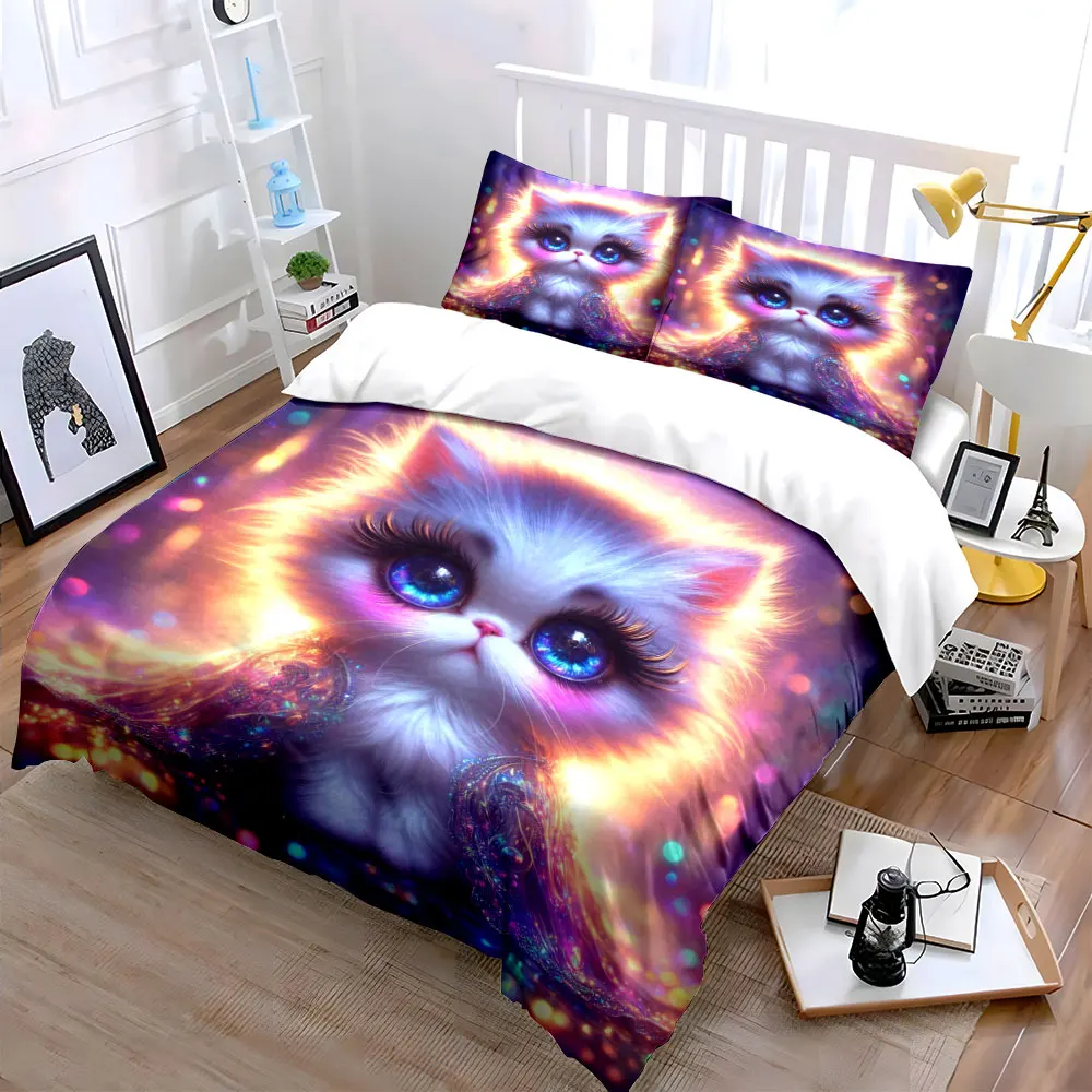 Furry kitty with Colorful Glows Printed Duvet Cover Set1 Duvet Cover+2 PillowcaseMulti Size Bedroom Bedding Decor Luxury gifts