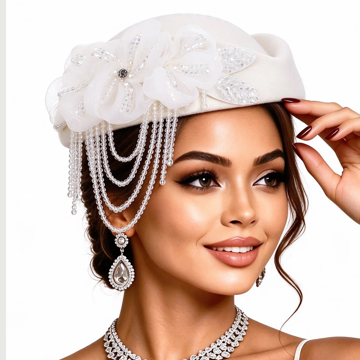 Women Formal Church Derby Beret Hat Retro Felt Material Organza Flower Crystal Beaded Tassel Wedding Banquet Cap Party Headscarf