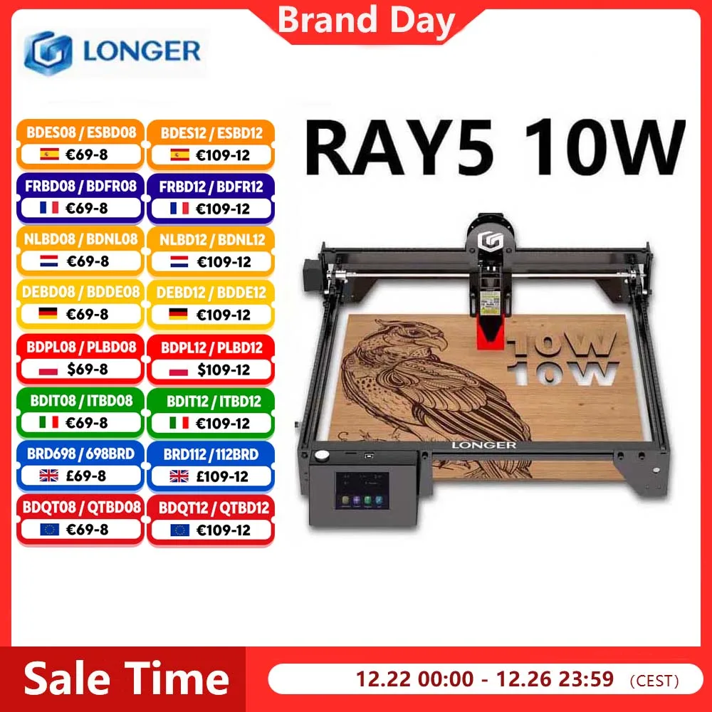Graveur Laser LONGER RAY5 10W, 0.06x0.06mm, écran tactile, sculpture hors ligne, jeu de puces 32 bits, zone de travail 400x400mm