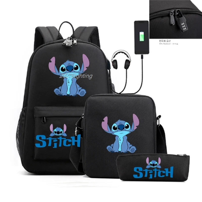 Lilo Stitch Schoolbag 3pcs USB Charge Capacity Backpack Student Laptop Backpack Boys Girls Anime Cartoon Backpacks Mochila