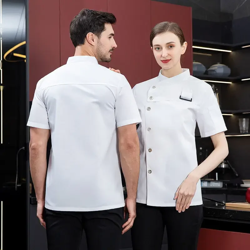 Branco chef casaco logotipo manga curta chef jaqueta avental para o verão cabeça uniforme chef restaurante do hotel cozinha pizza cozinhar roupas