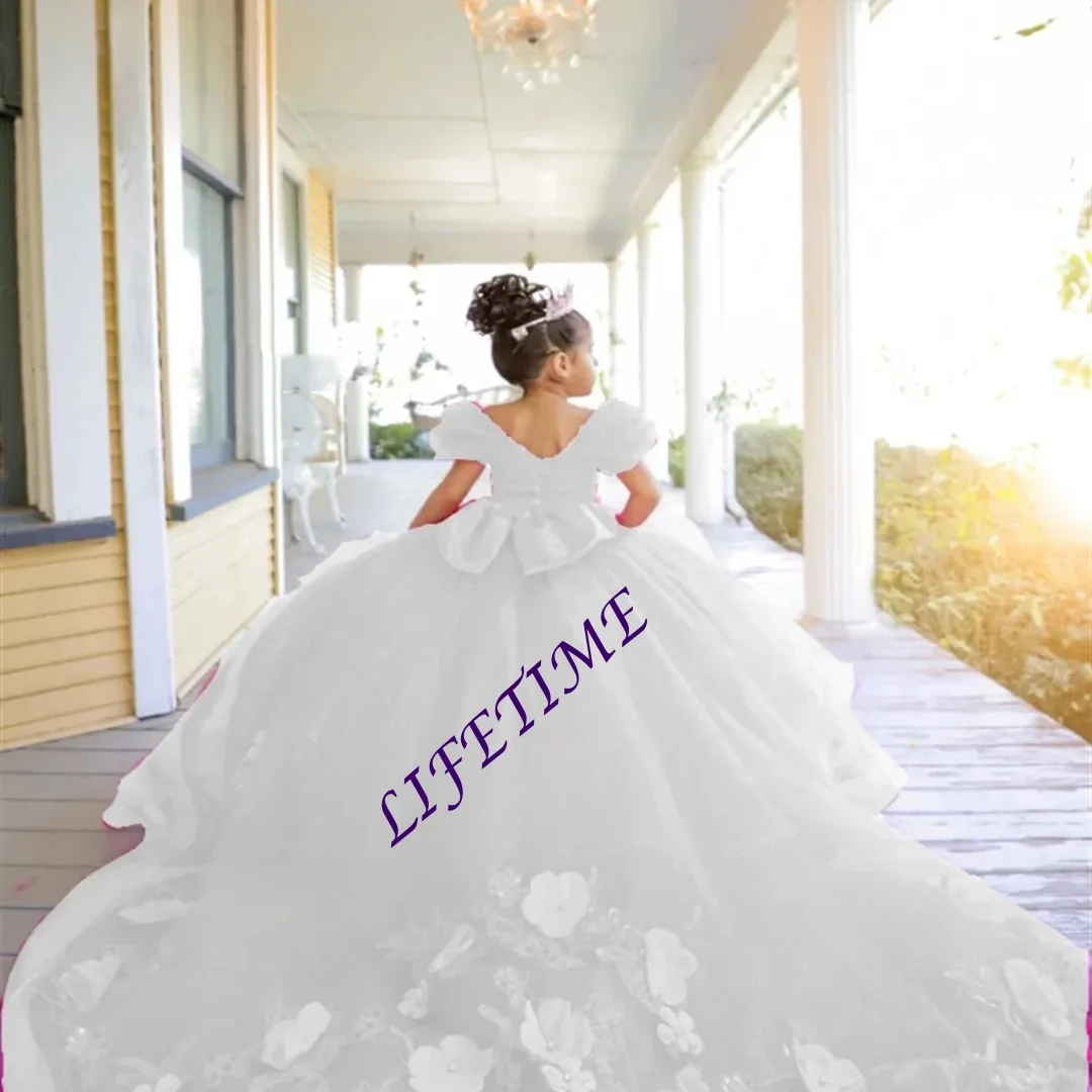 CustomizedHot Pink Ball Gown Flower Girl Dress with Puff Sleeves, Big Bow & Floral Appliqués, Glitter Tulle Long Train flower gi