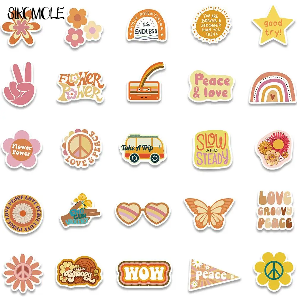 10/30/50PCS Cartoon Cute Groovy Boho Hippie Stickers Yellow DIY Toys Laptop Luggage Skateboard Guitar Graffiti Decals Sticker F5