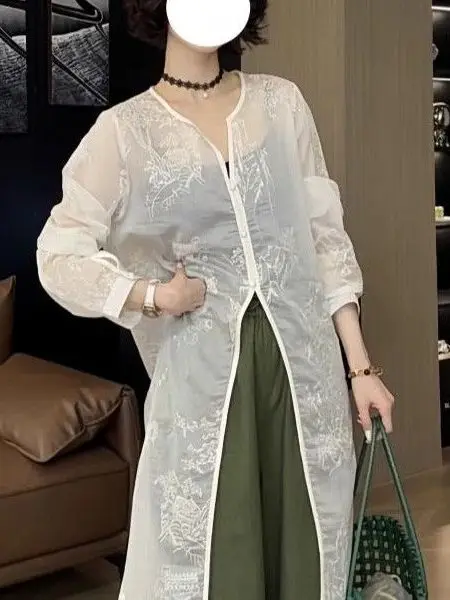 

Новая свободная миди-рубашка Ele V-Ne Tee-Button с вышивкой и кружевом, в корейском стиле, для повседневной носки весна-лето