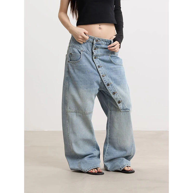 American Style Large Size Vintage Washed Button Front Knife Jeans Women Loose Wide Leg Long Pants Casual High Waist