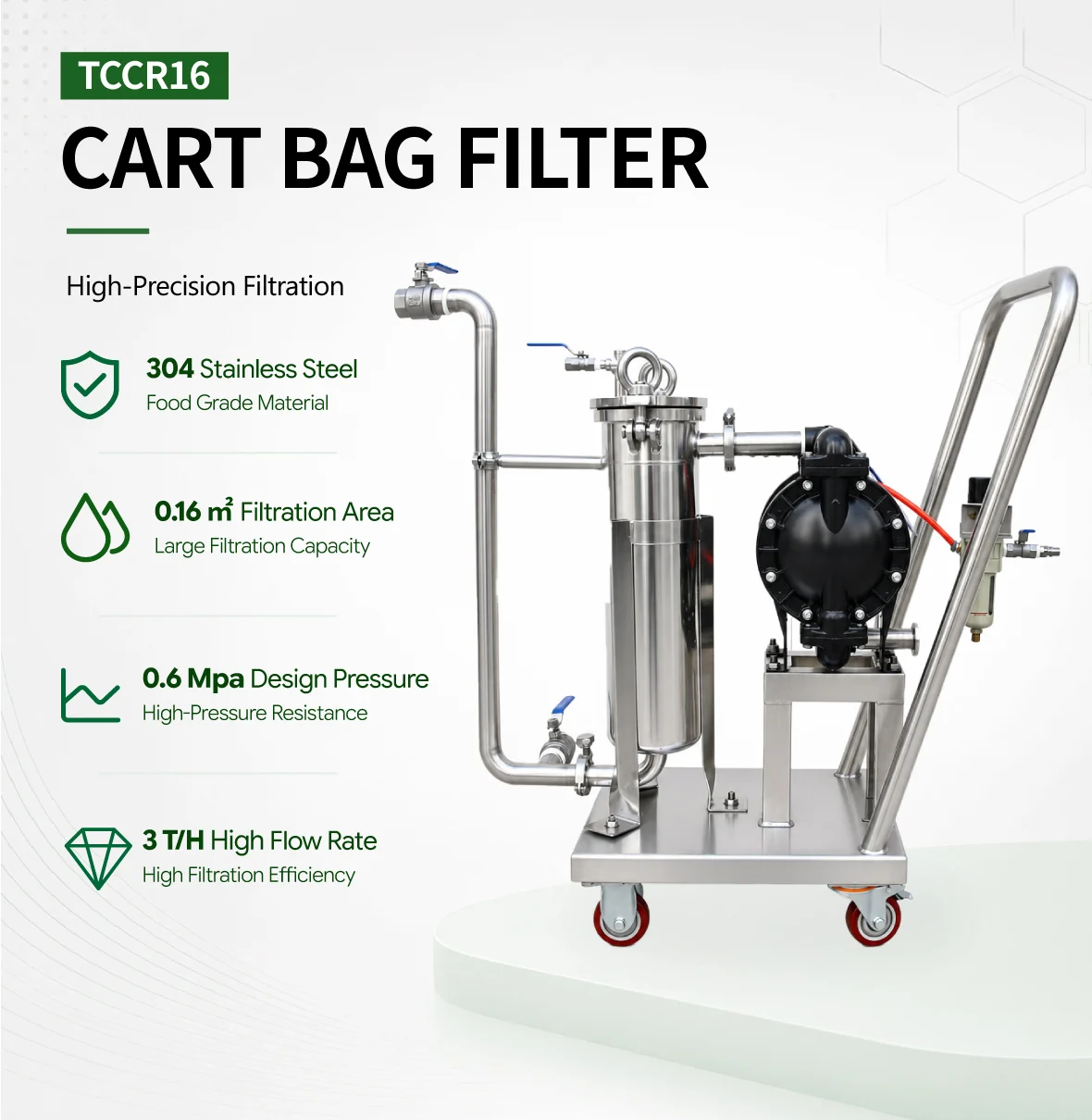 Stainless Steel Bag Filter Housing With Diaphragm Pump Cart Wine/Oil/Ethanol/Liquid Filter Machine