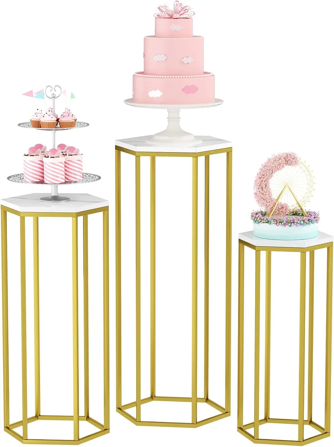 

Gold Metal Hexagon Cake Pedestal Stands Set of 3, Wooden Marble-Pattern Top, for Party Wedding Birthday Decor