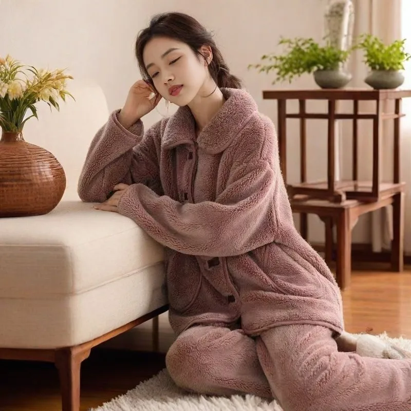 

Coral Fleece Homewear Winter Women's Pajama Set Flannel Thicken Keep Warm Sleepwear Wearable As Outerwear Soft Sticky Nightwear