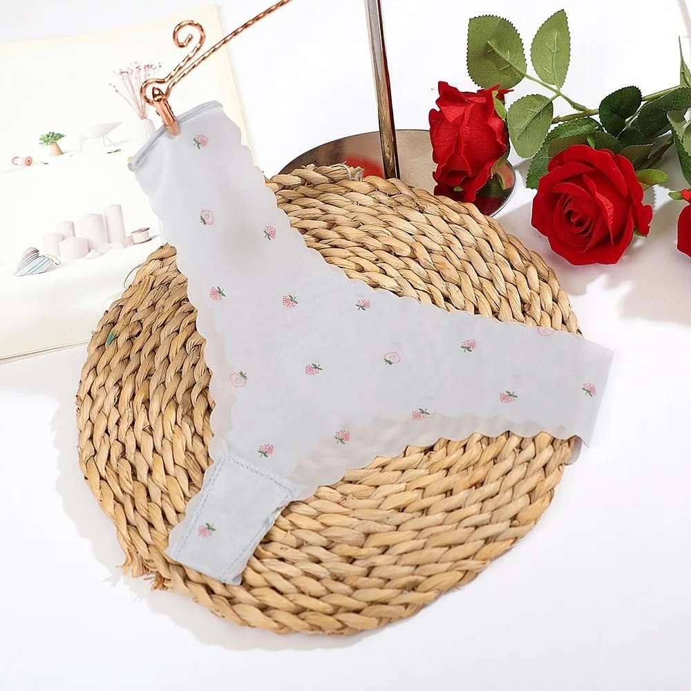 Breathable Soft Ice Silk Thongs Thin Traceless Peach Printed Briefs Underpants Lingerie T-back Panties Daily Wear