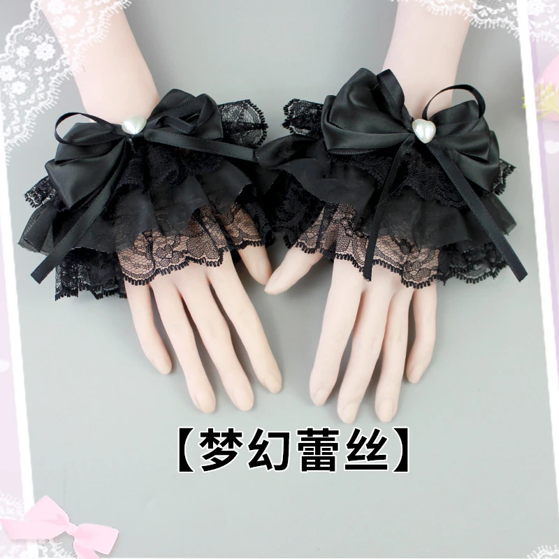 Dulce lindo encaje mangas falsas arco muñeca puño suéter pulseras decorativas guantes cortos sin dedos para niñas fiesta de té