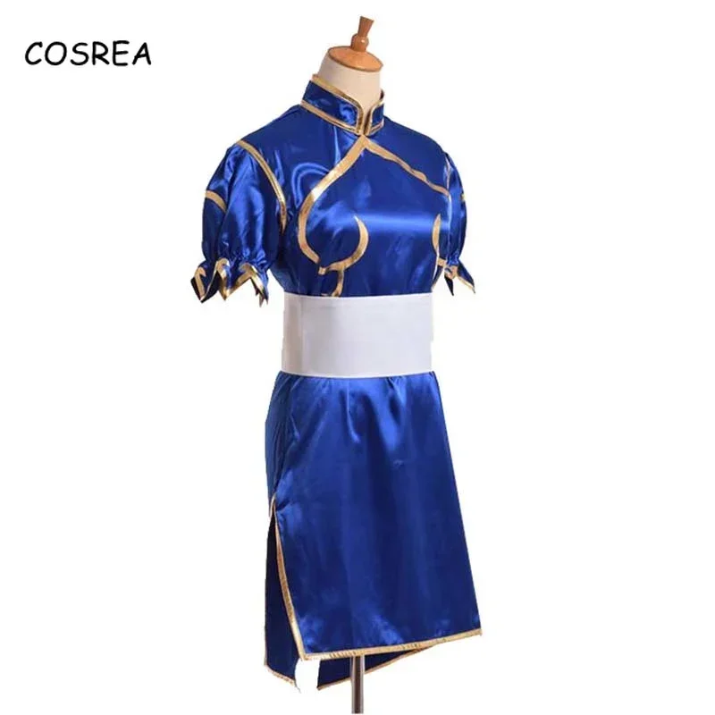 Games Chun Cosplay Kostuums Halloween Party Sutorito Faita Blauw Cheongsam Jurk Riem Hoofddeksels Met Vrouwen Meisjes Kleding Rollenspel