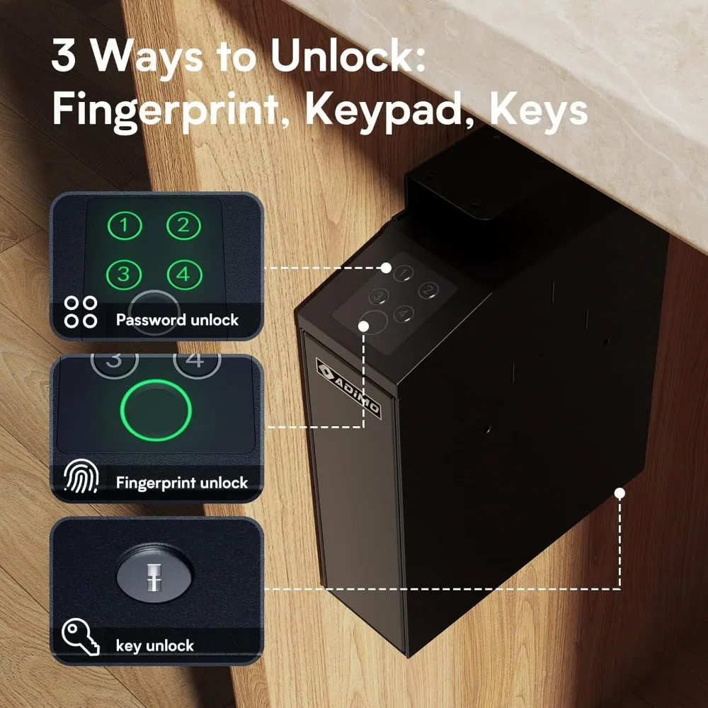 Handgun Safe, Slider Biometric Fingerprint Gun Safe for Handgun Supports 3 Quickly Access Ways, Fingerprint, PIN Code and Key,