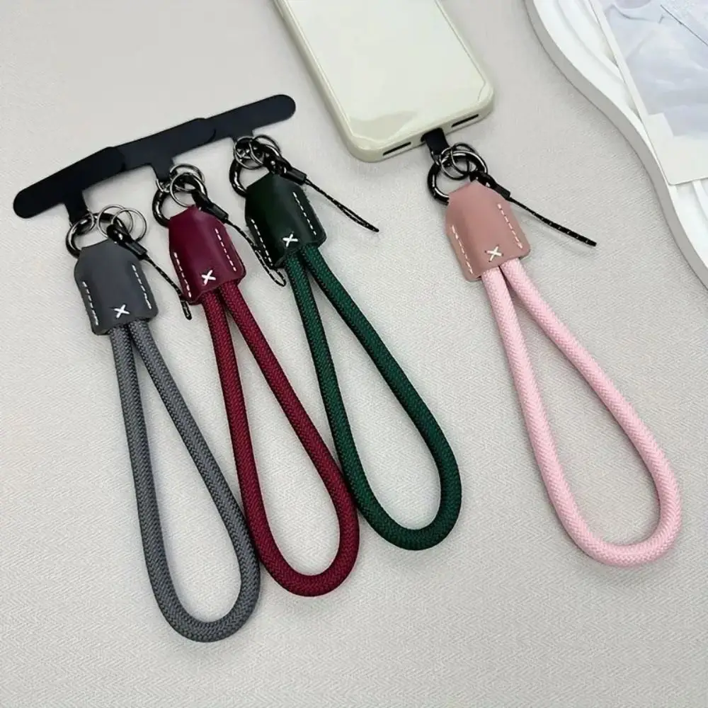 Cute Nylon Braided Rope Phone Chain Pu Leather Head Women Fashion Wrist Phone Strap Luxury Phone Clip Lanyard Phone Accessories