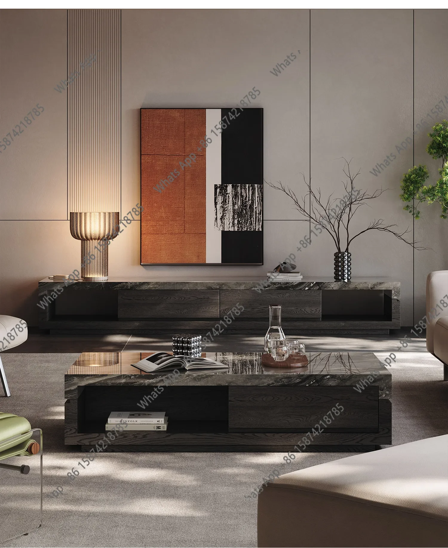High-end Marble Coffee Table Italian Light Luxury High-end Living Room Home Floor-to-ceiling TV Cabinet Coffee Table Combination