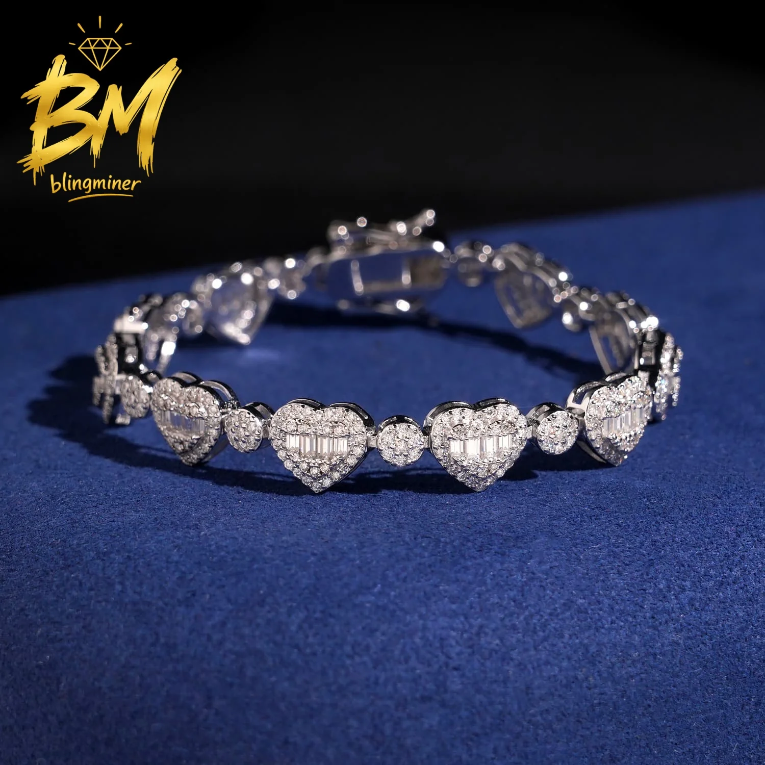 Blingminer 5mm Heart Moissanite Cuban Link Bracelet Iced Ou Tennis Chain For Men S925 Silver Jewelry Pass Diamonds Tester GRA