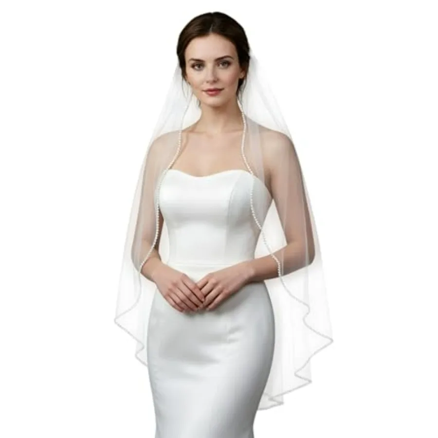 

Bridal Veils Pearls and Crystals Beaded Edge Fingertip Length Wedding Veil for Women
