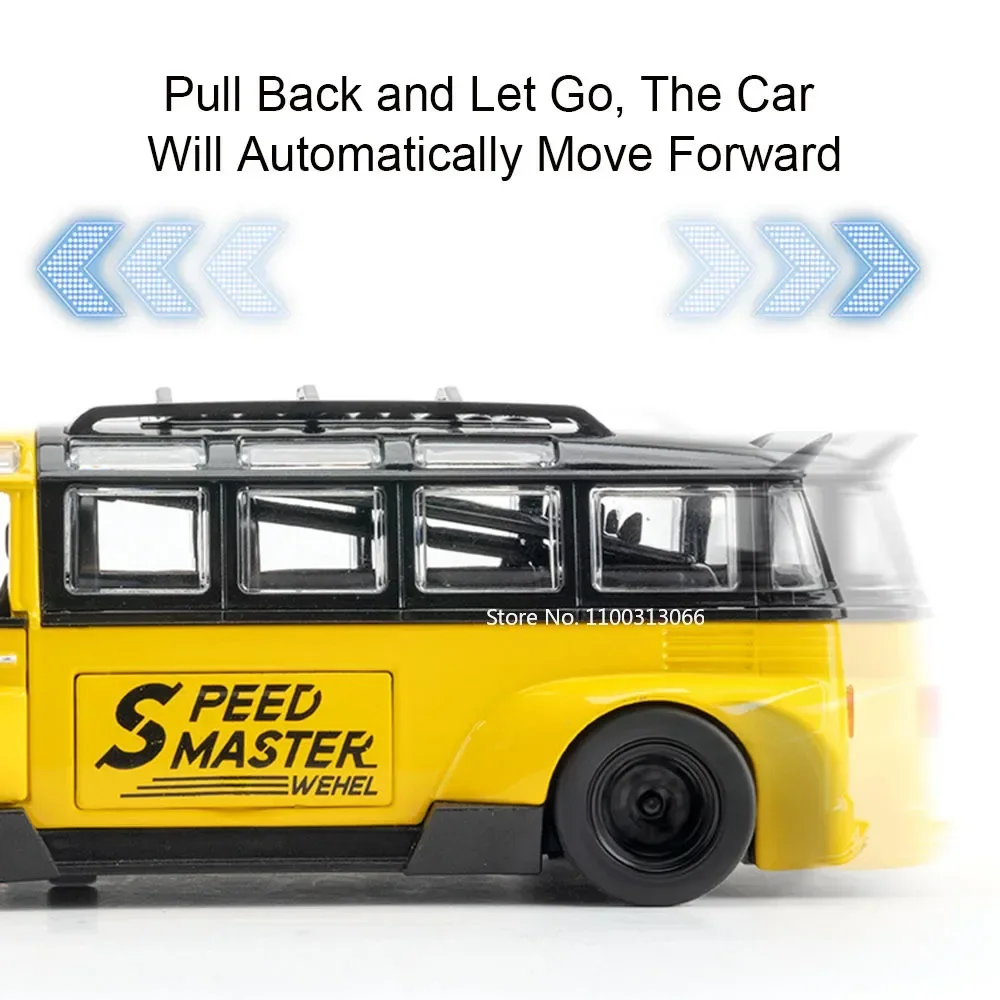 1:32スケール T1バス ハイエースモデル 合金製ダイキャストカー ドア開閉可能 ライトと音楽付き プルバックカー 子供・大人向けギフト