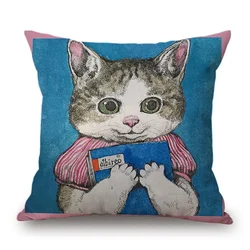 Yuko Higuchi Cat Design Cushion Cover Cute Pet Hand-painted Sofa Pillowcase Square Chair Back Cushion Cloth for Home Decoration