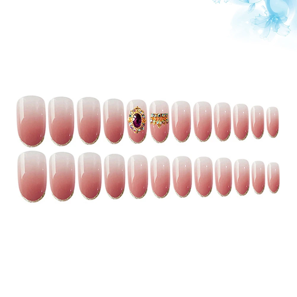

24pcs False Nails Pink Purple Rhinestone Elegant Fake Nails For Women Medium Length Full Cover Manicure Nail Tips Non-Toxic