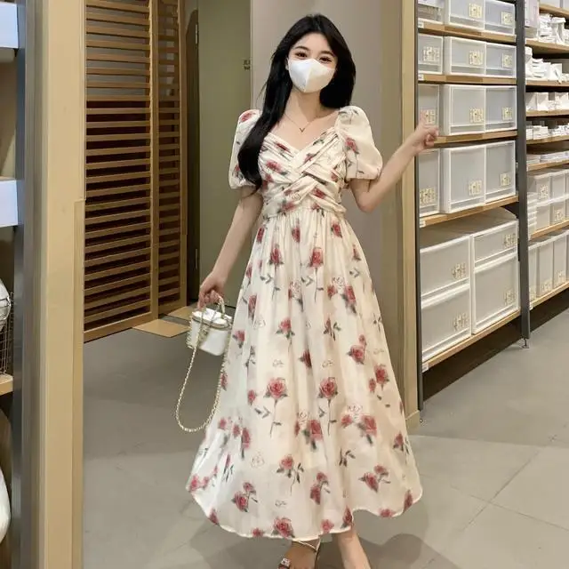 

2024 Korean Mixi Cottagecore Dress Women's Fairycore Flower V-neck Ball Dress Y2k Elegant Fluffy Sleeves Long Dress L468