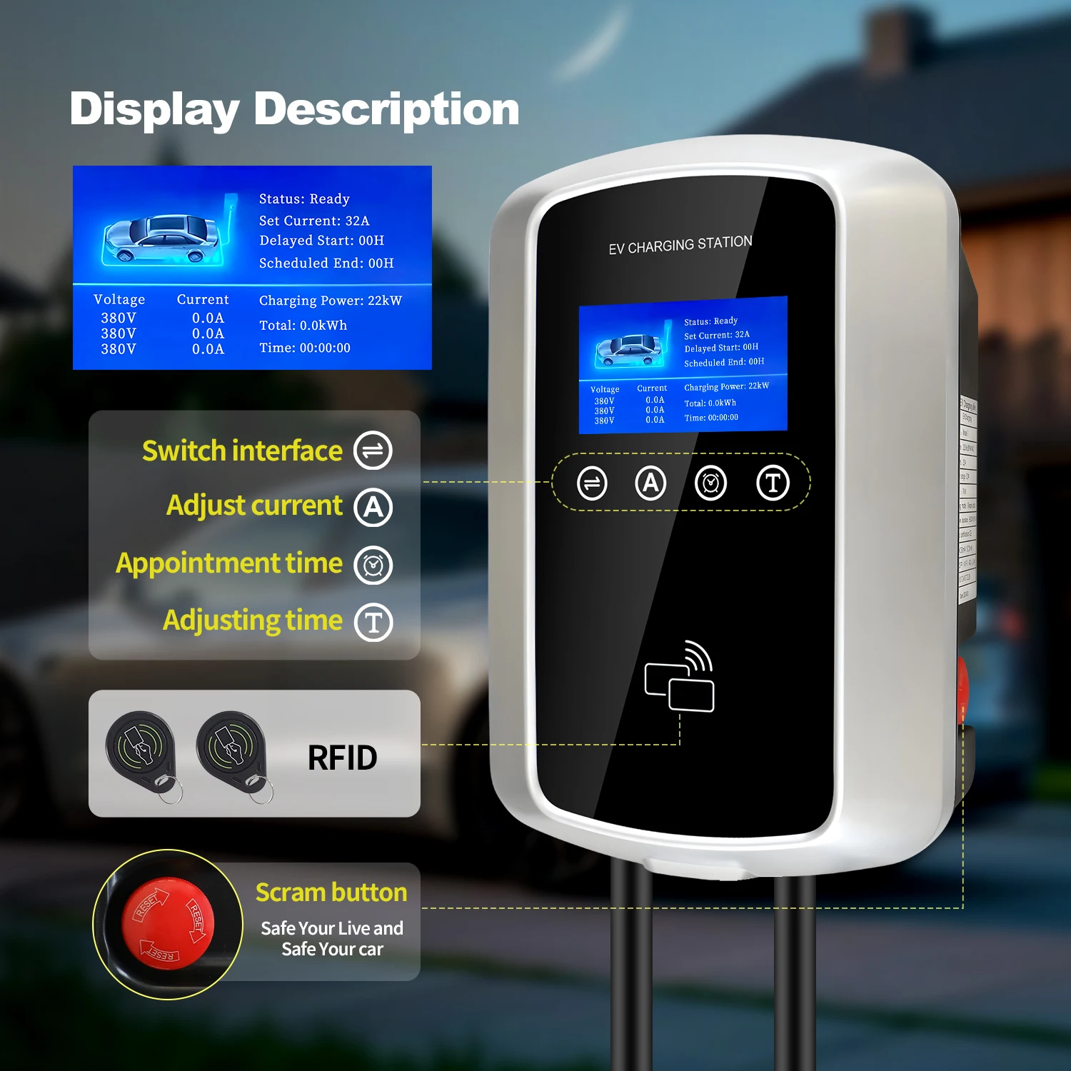 Kolanky EV Charger 32A 7.2KW Electric Vehicle Car Charger EVSE Wallbox 11KW 22KW 3P Type2 Cable IEC62196-2 Socket APP Control