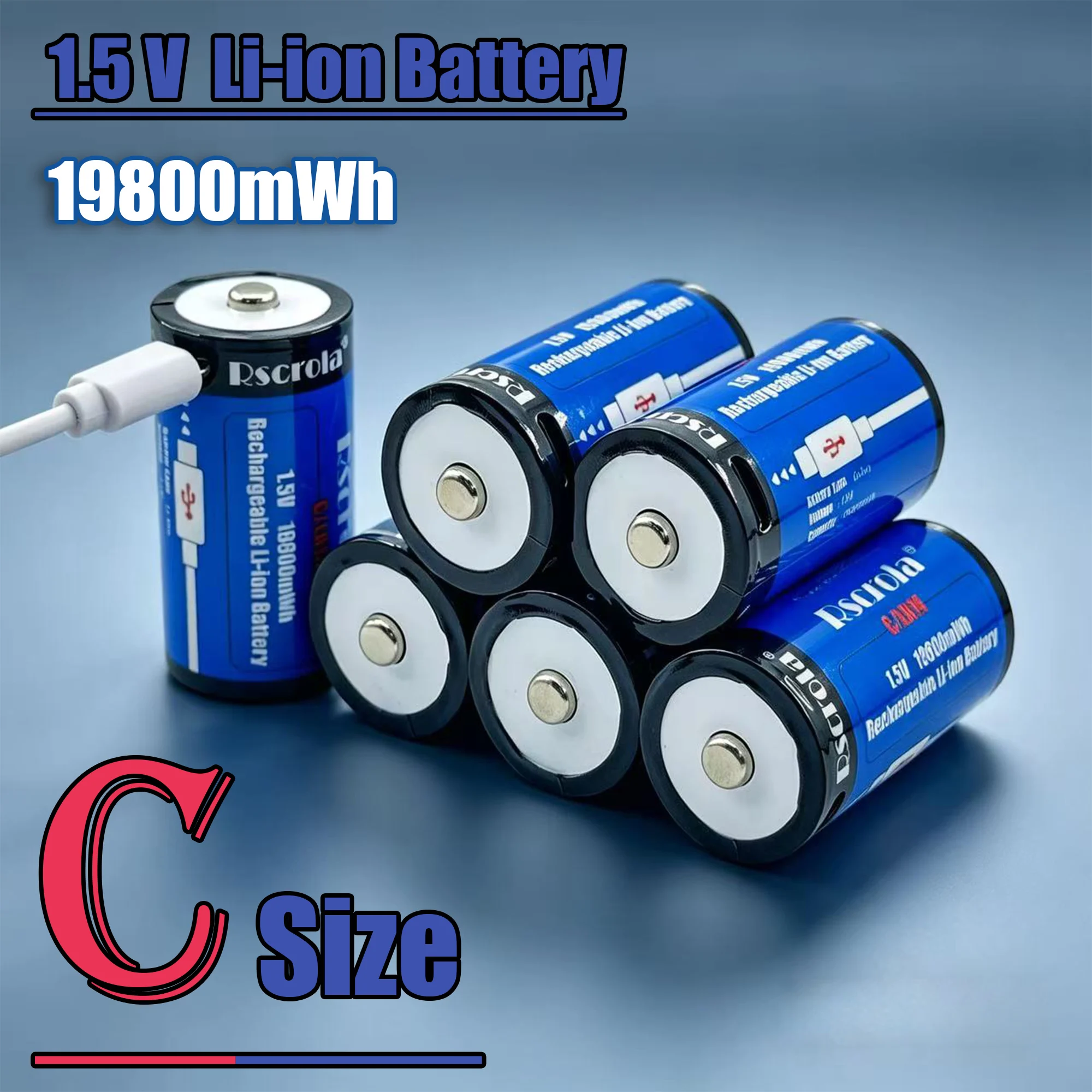 

Rscrola 19800mWh 1.5V C Size Rechargeable Li-ion Battery USB-C Fast Charging C Cell R14 LR14 for Flashlight Gas Cooker Radio