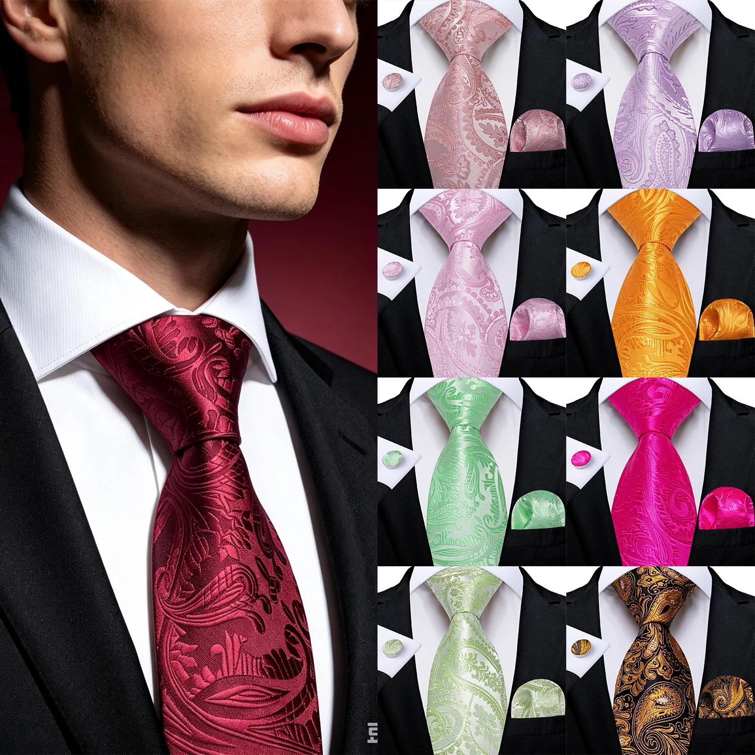 Elegant Paisley Tie Set 3Pcs Mens Hankyf Cufflinks for Wedding Ceremony Business Banquet Office Interview Prom Formal Party