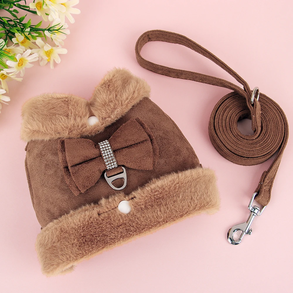 Warmes Fell Welpen Hunde geschirr Leine niedlichen Bowknot Hunde Katzen geschirre gepolsterte Haustier Weste mit passendem Führ strick für Hunde Katzen Winter – Detail 21