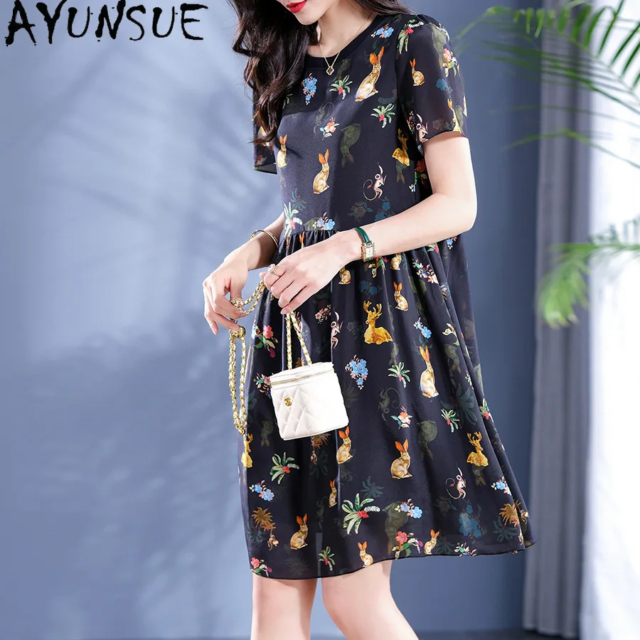 AYUNSUE 100% Mulberry Silk Women's Dresse Print Elegant Dress Woman Clothes High Quality Summer New in Dresses Vestidos De Mujer