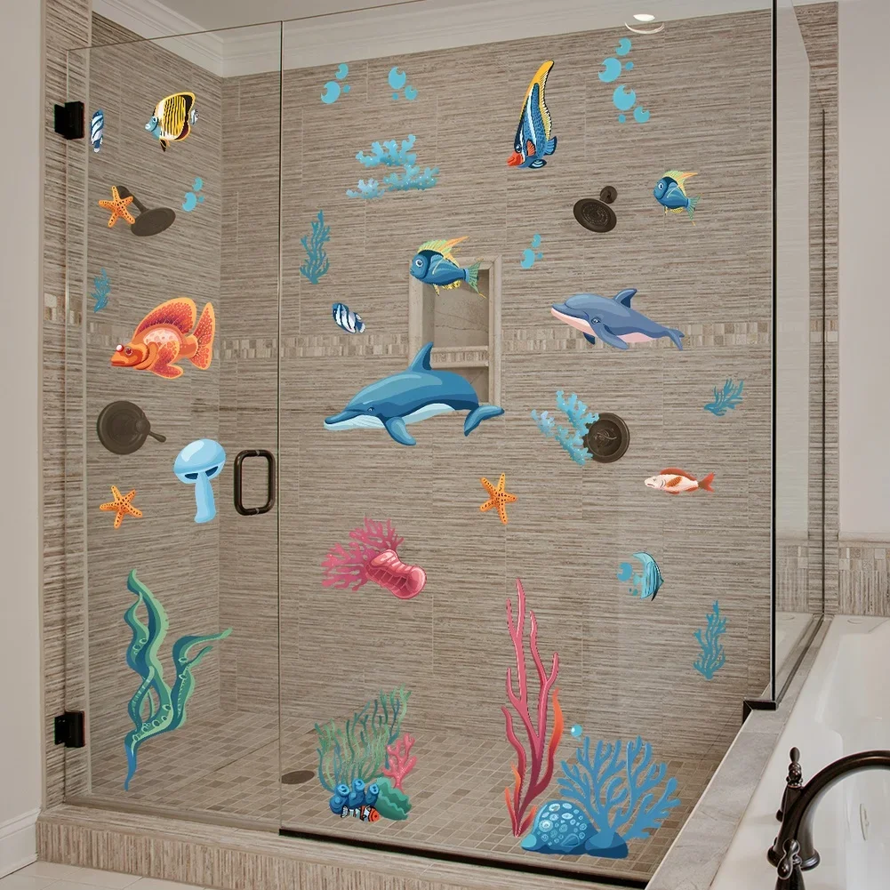 Static Cling Sticker Cartoon Sea Life Pattern For Glass Doors Kitchen Bathroom For Home Decor PVC 11.81 X 35.43 In Blue