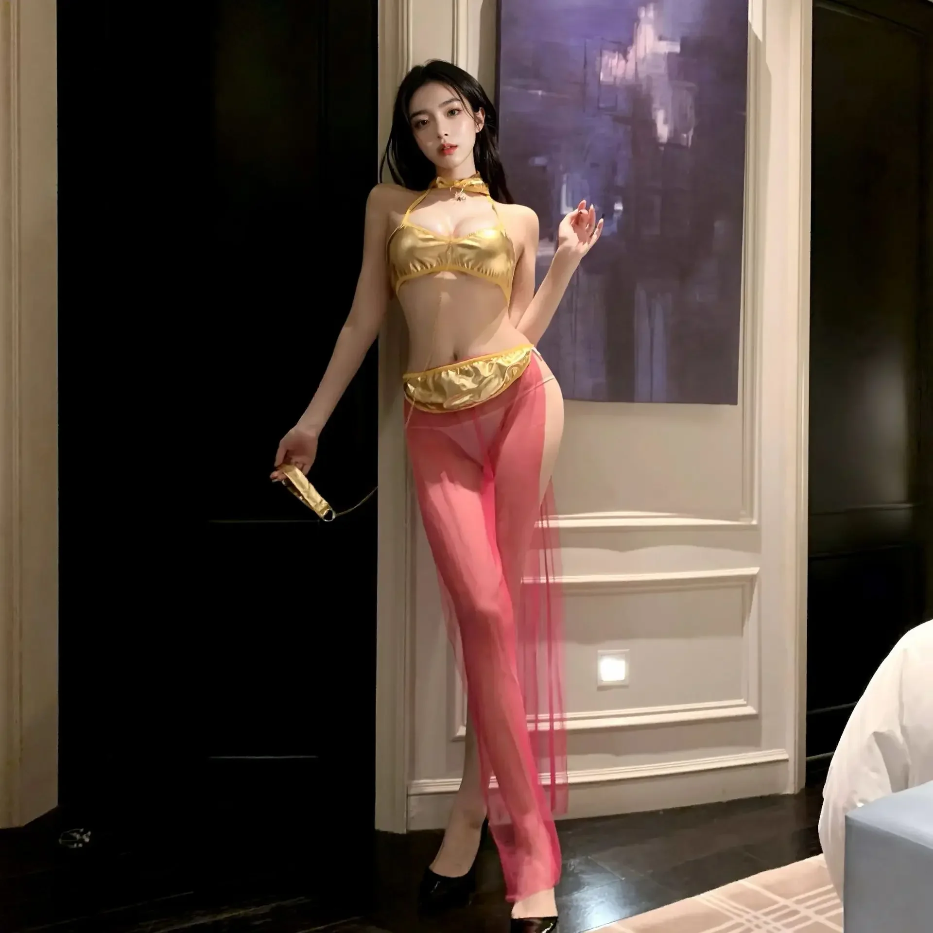 369 Bibi مجموعة فستان ماكسي شيفون مغر بفتحة جانبية غريبة بقماش شفاف وملابس داخلية لامعة زي لعب الأدوار