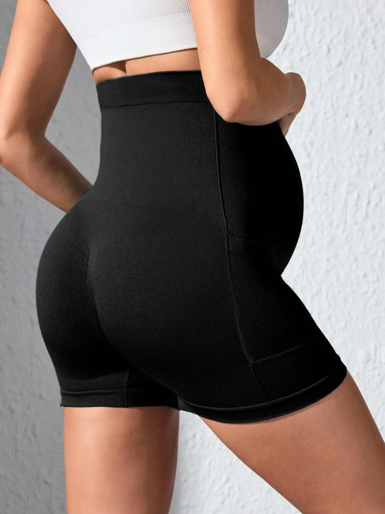 Umstands-Yoga-Shorts für Damen über dem Bauch, Schwangerschafts-Workout, sportliche Biker-Shorts mit Taschen – Detail 3
