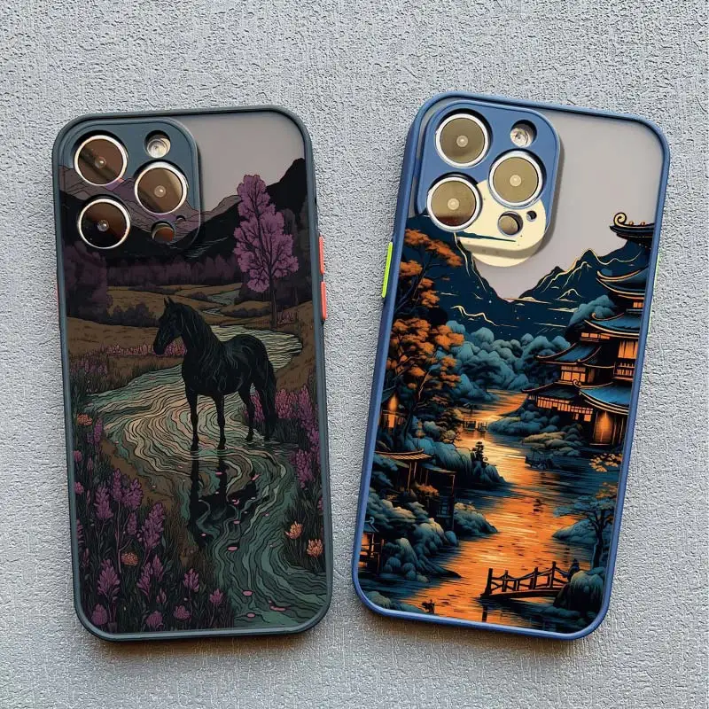 Forest Sunset Landscape Painting Phone Case For iPhone 16 11 13 12 Mini 15 Pro Max 14 7 8 Plus XR XS SE2 Beautiful Flower Cover