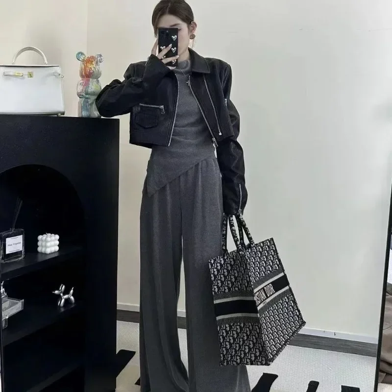 قطعتين مجموعة واحدة الكتف طويلة الأكمام السراويل واسعة الساق شهوة نقية الساخن فتاة الزي بدلة على الموضة النساء الاتجاه غير النظامية