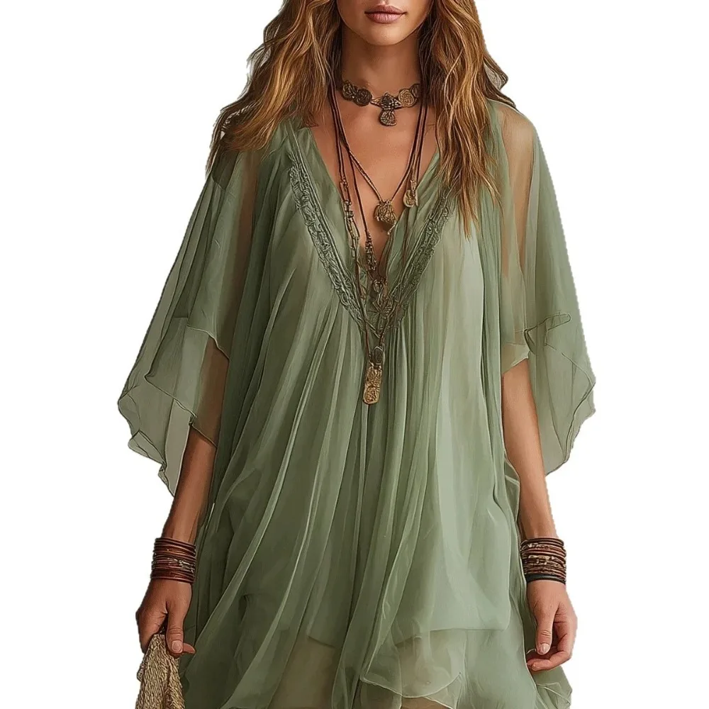 Women 2 Piece Dress Set Boho Deep V‑Neck Lace Trim Batwing Sleeve Chiffon Cover‑Up Casual Beach Vacation Two‑Piece Outfit