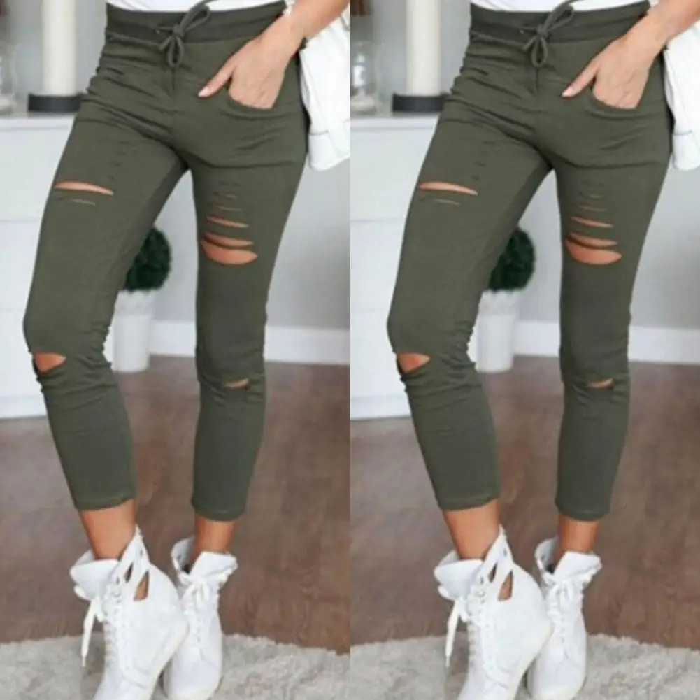 เสื้อผ้าผู้หญิงกางเกงเอวสูงสายกระเป๋าสีพื้นกางเกงรัดรูปเลกกิ้งสกินนี่กางเกงลำลอง