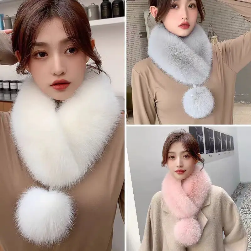 

Faux Fox Fur Scarf Thickened Warm Luxury Texture Winter Women Neck Warmer Collar Shawl Fashionable Elegant